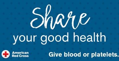 The words Share Your Good Health on blue background with the Red Cross Logo in bottom left corner.  