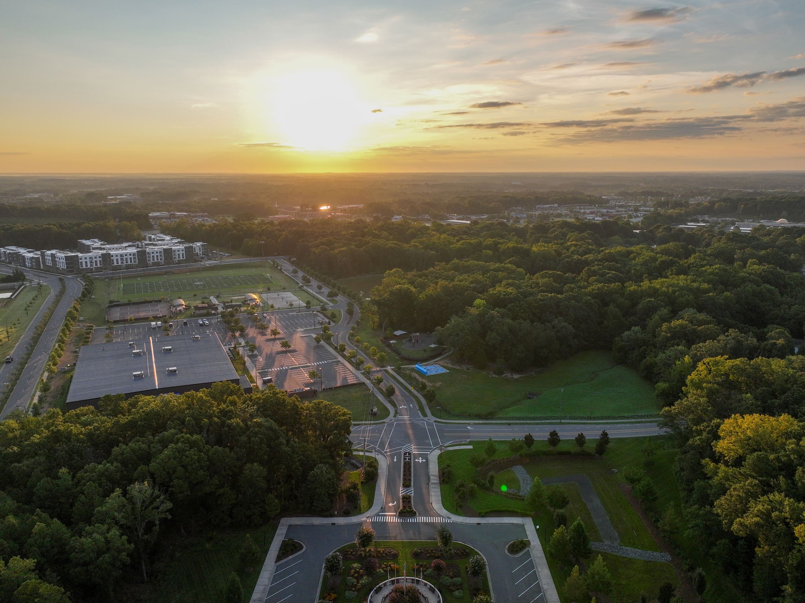 Aerial view from the back of Town Hall looking over the Veterans Memorial to Chestnut Square Park 