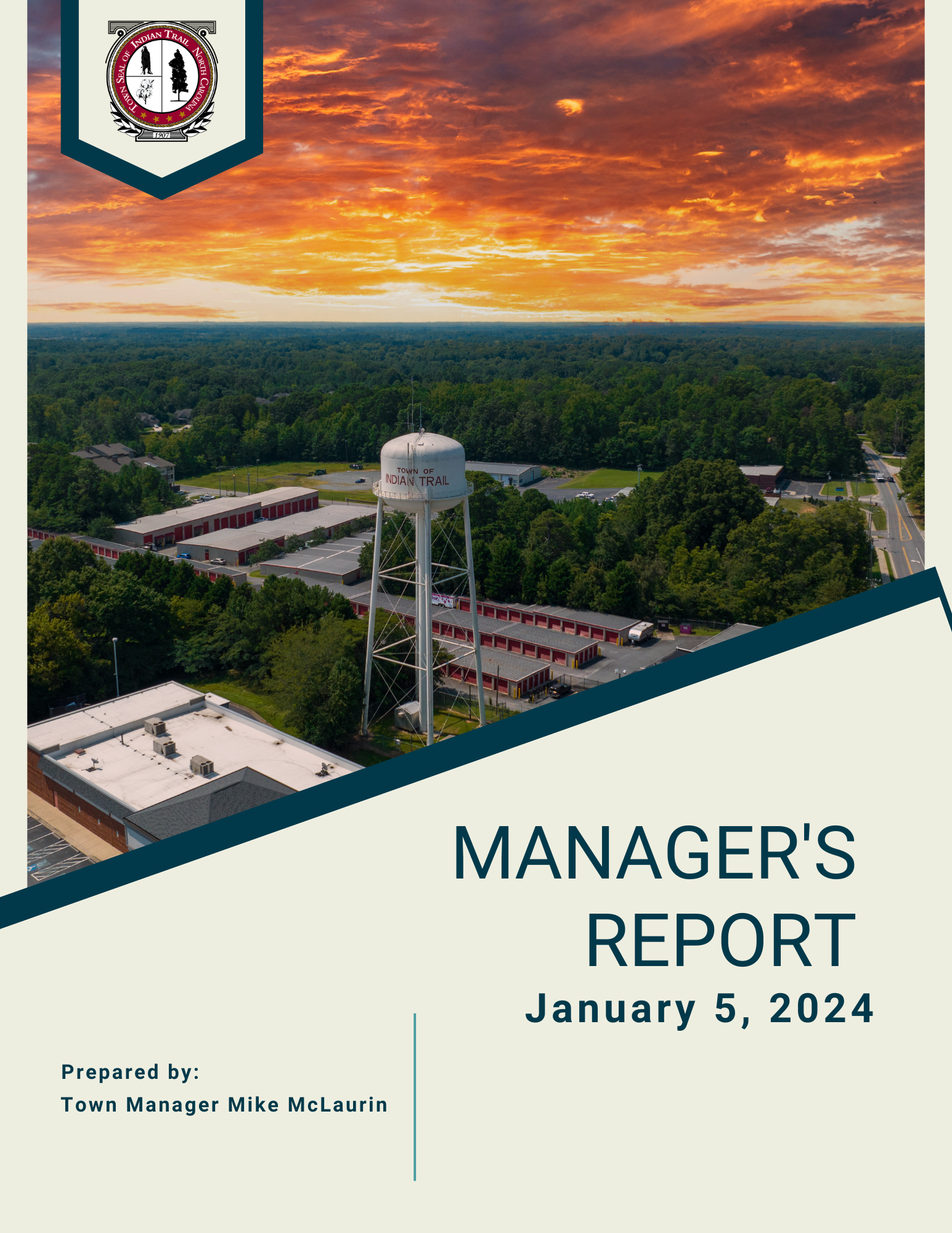 January 5 Town Manager's Report Cover showing the Indian Trail water tower against a sunset.
