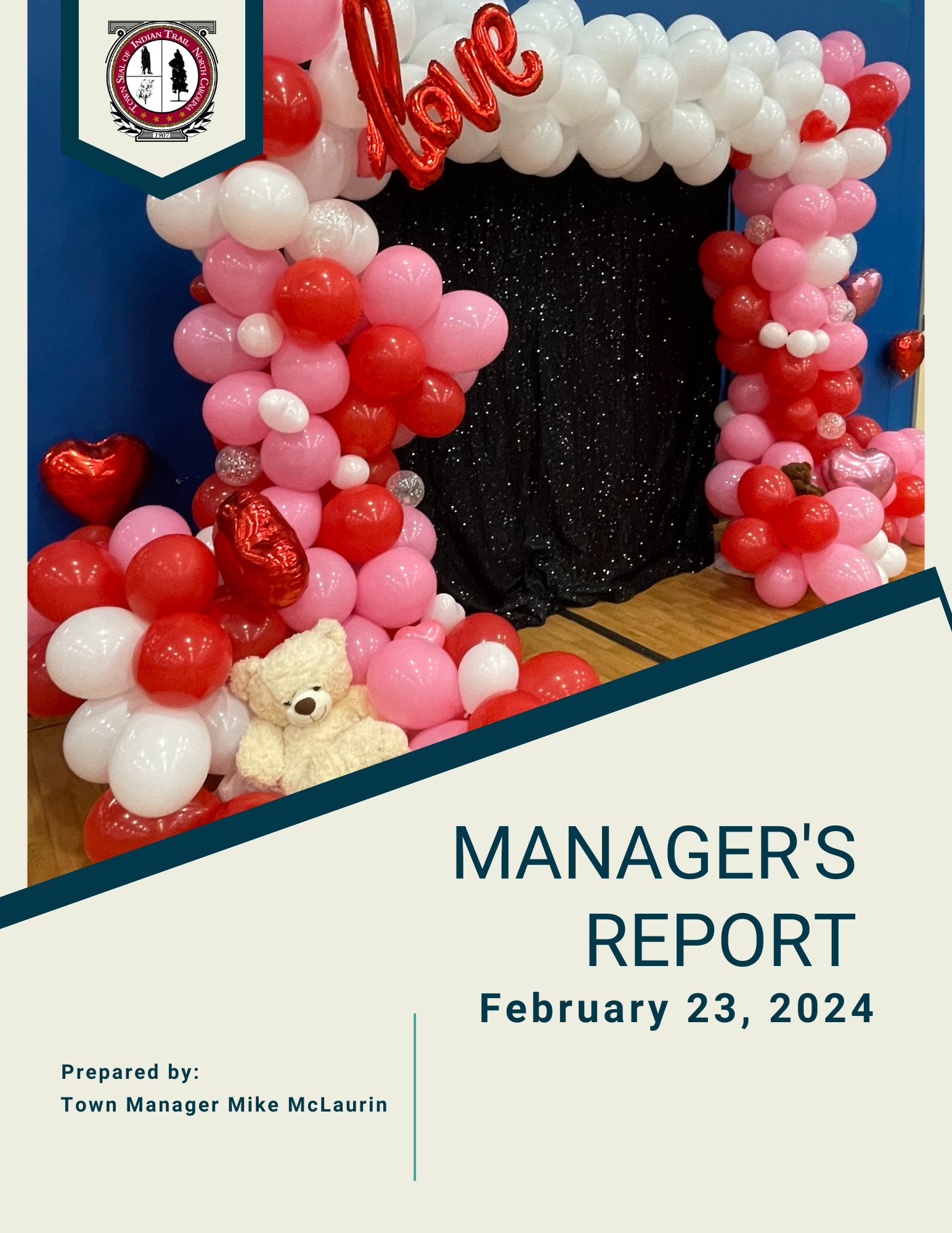 February 23, 2024, Manager's Report Cover Page showing an image of a Valentine's Day balloon a