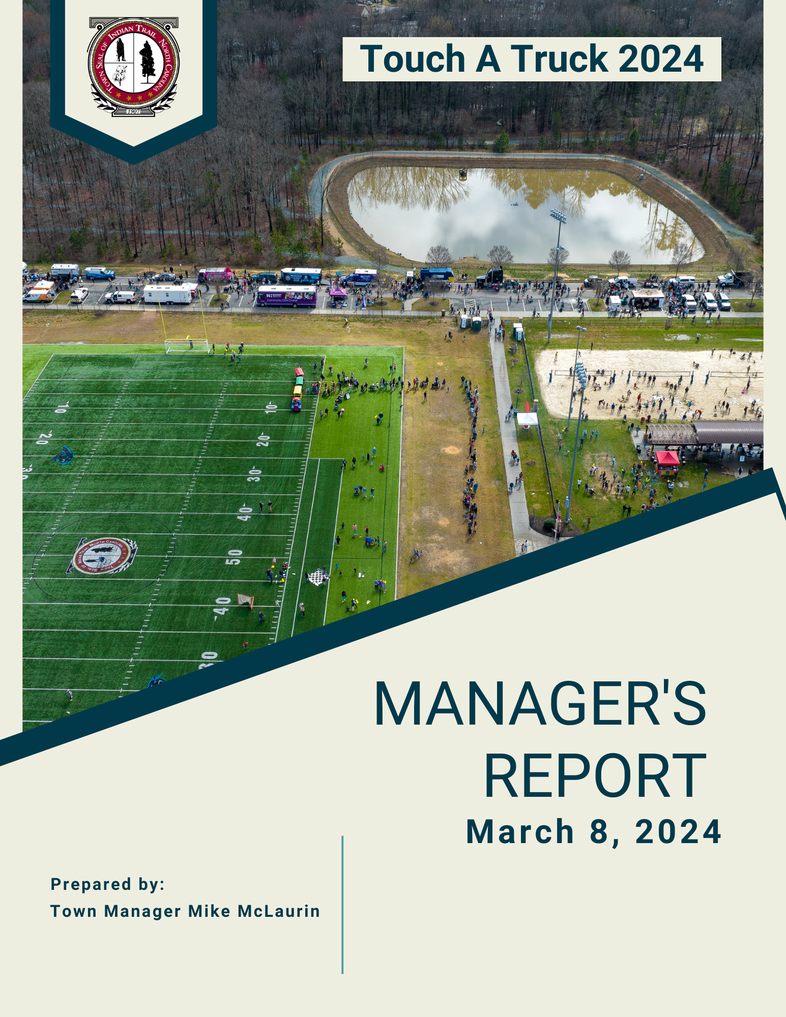 March 8 Manager's Report Cover featuring an aerial view of the Touch a Truck event
